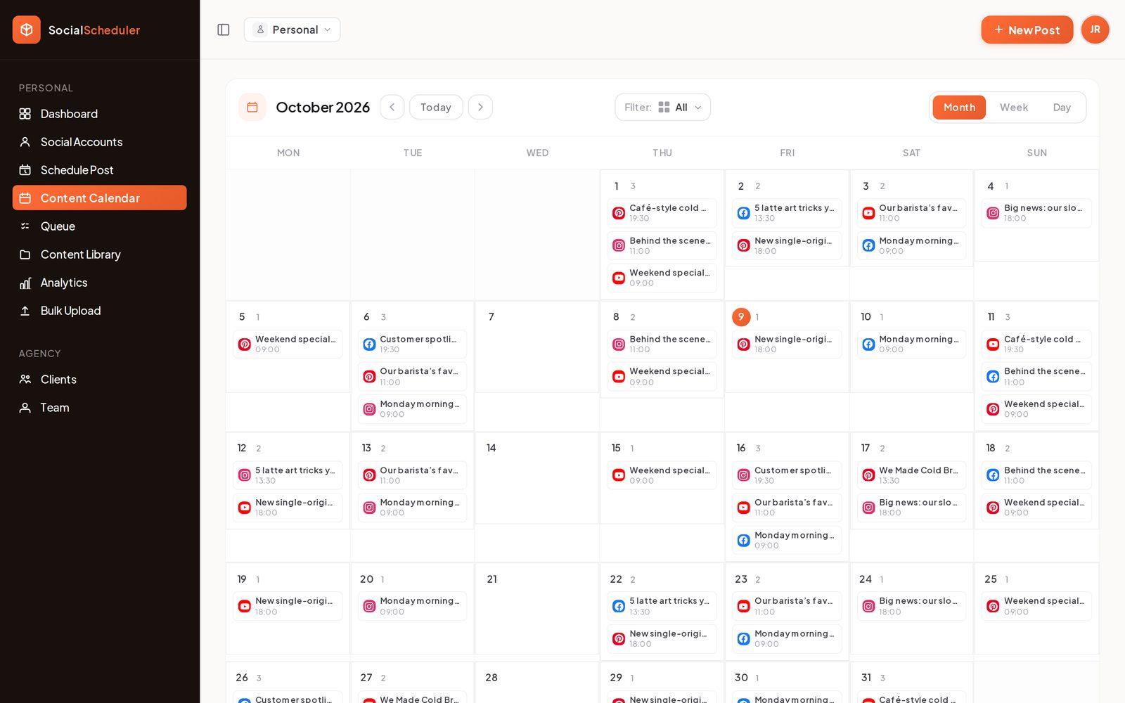 SocialScheduler Content calendar screen