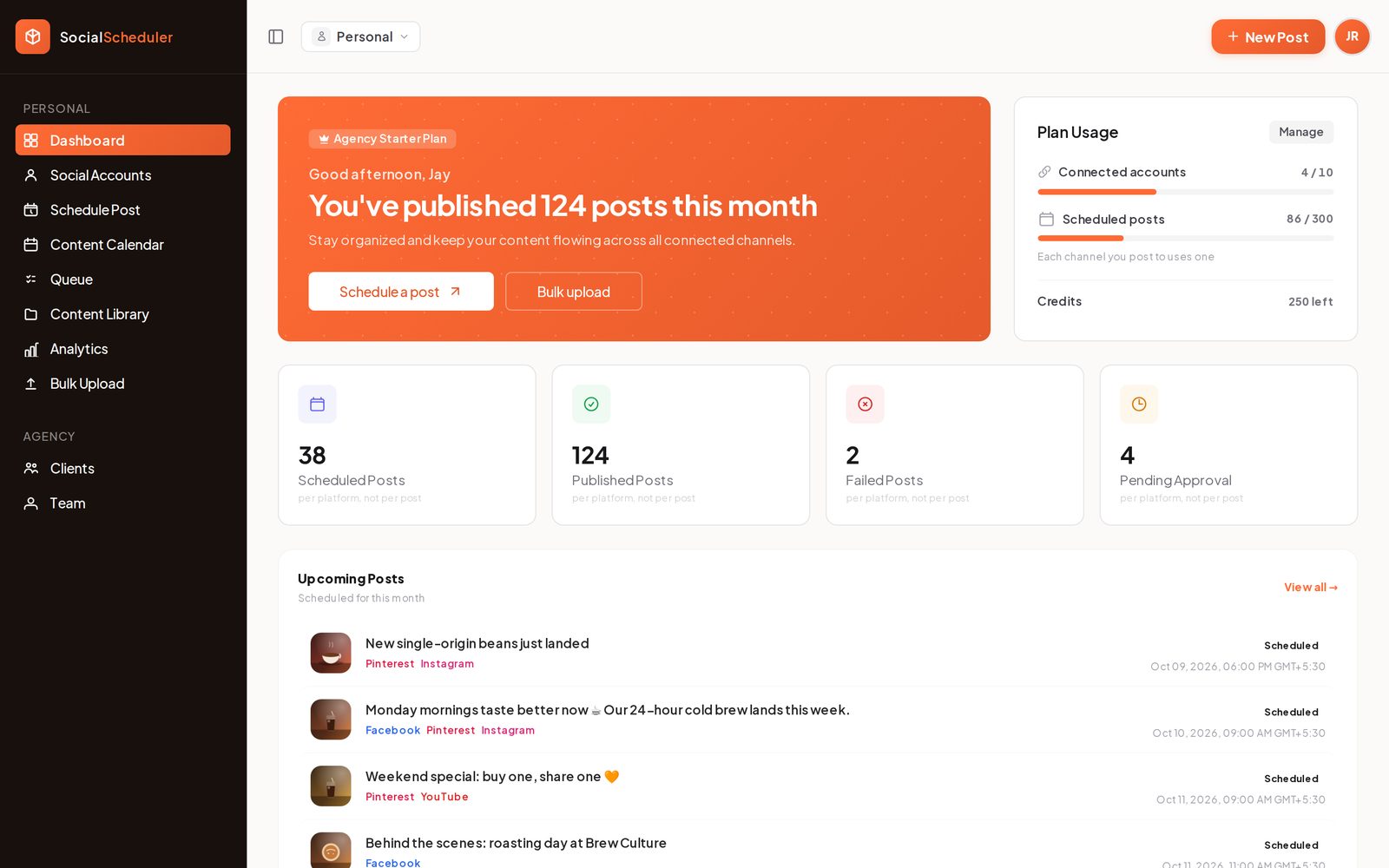 SocialScheduler Dashboard screen