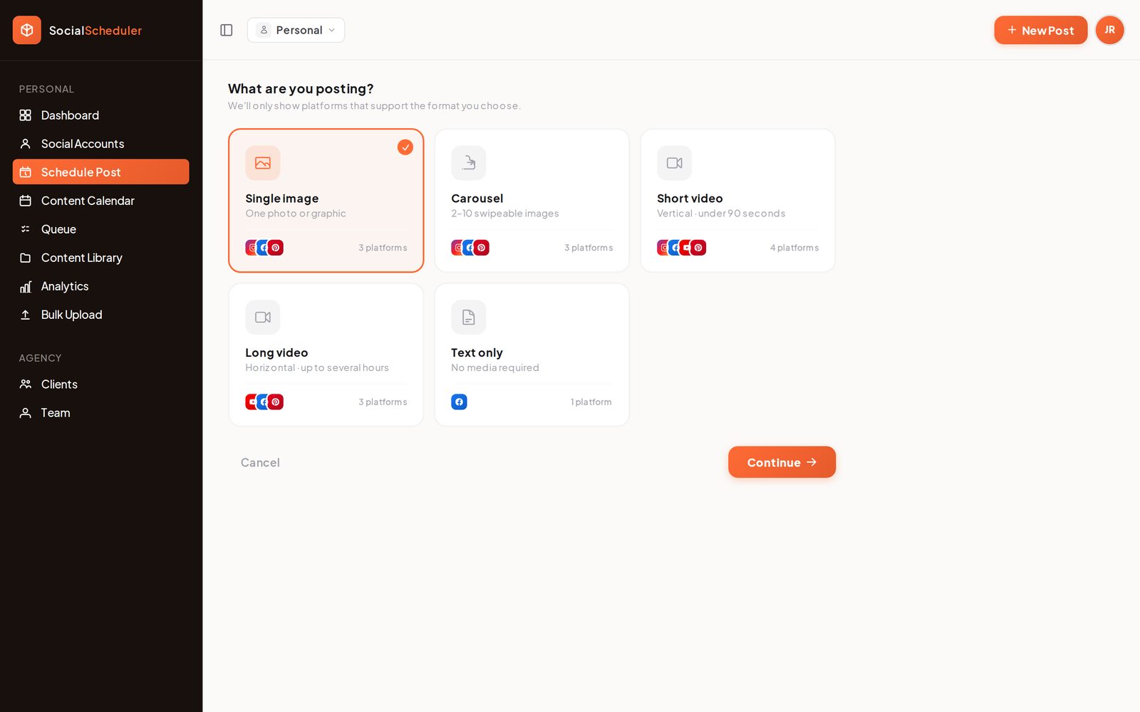 SocialScheduler Create a post screen